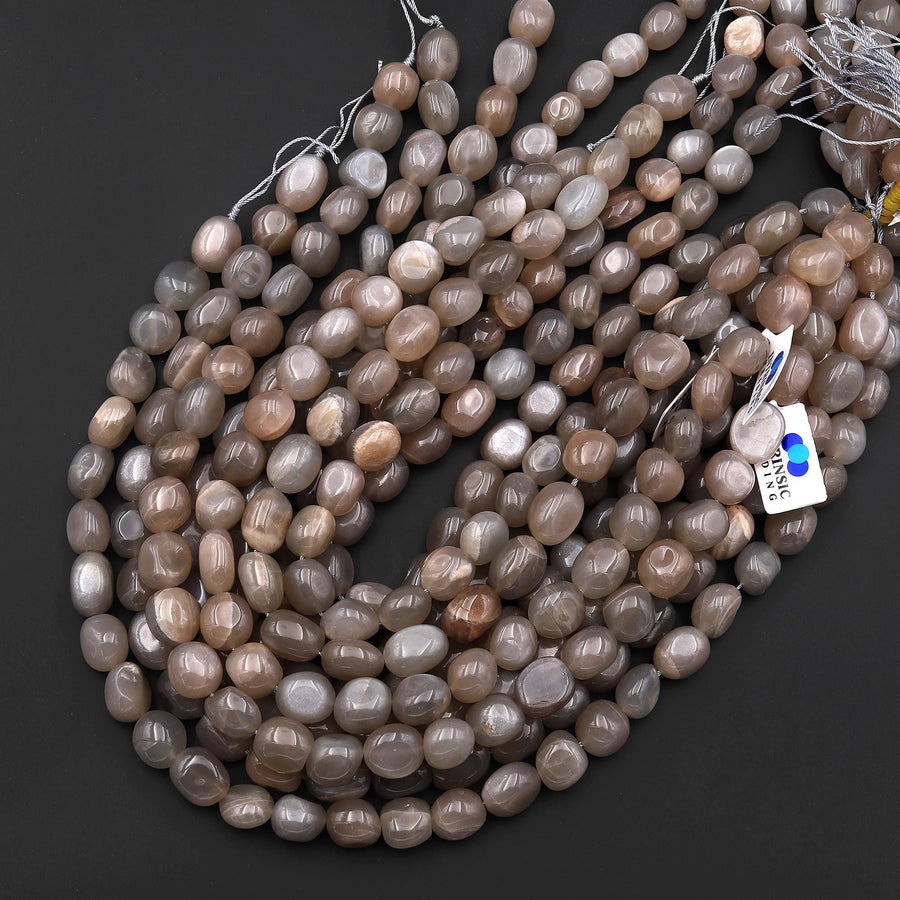 Natural Smoky Gray Peach Moonstone Pebble Nugget Beads Silvery Chatoyant Gemstone 15.5" Strand
