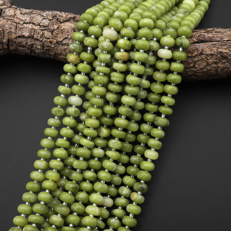 Natural Green Serpentine Jade Freeform Thick Rondelle Nugget 10mm Beads 15" Strand