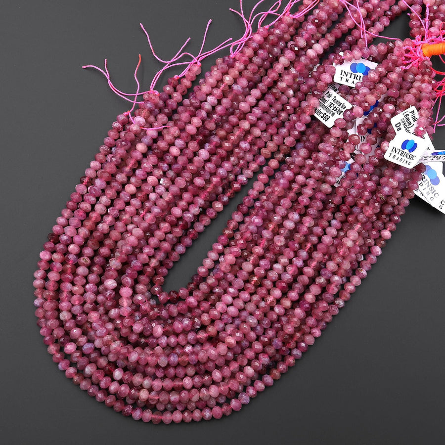 Faceted Natural Pink Tourmaline Rondelle 6mm Beads Gemstone 15.5" Strand