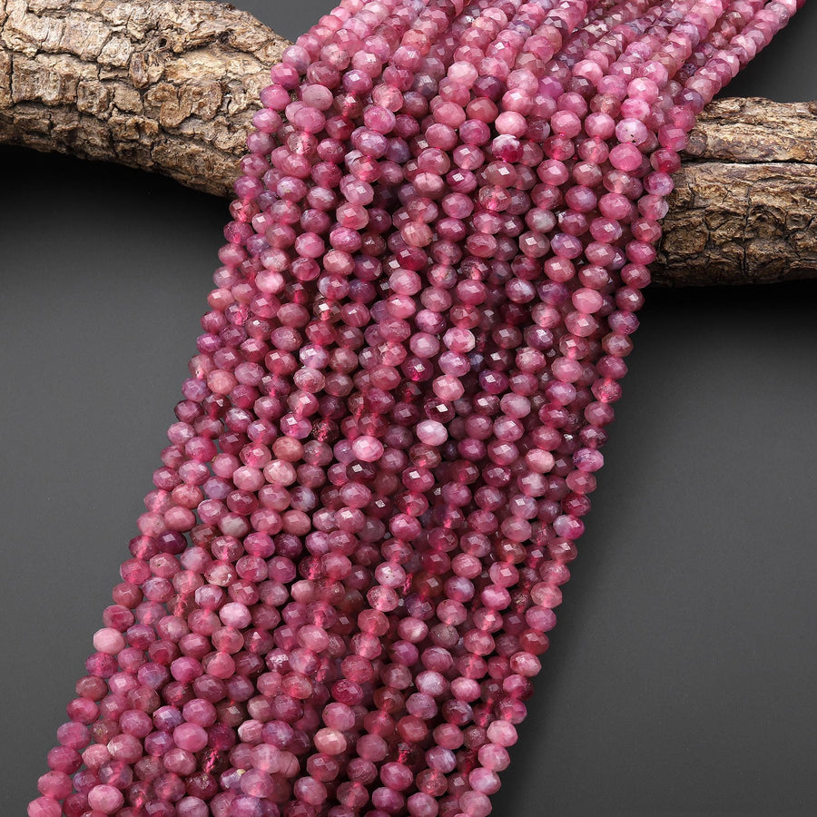 Faceted Natural Pink Tourmaline Rondelle 6mm Beads Gemstone 15.5" Strand