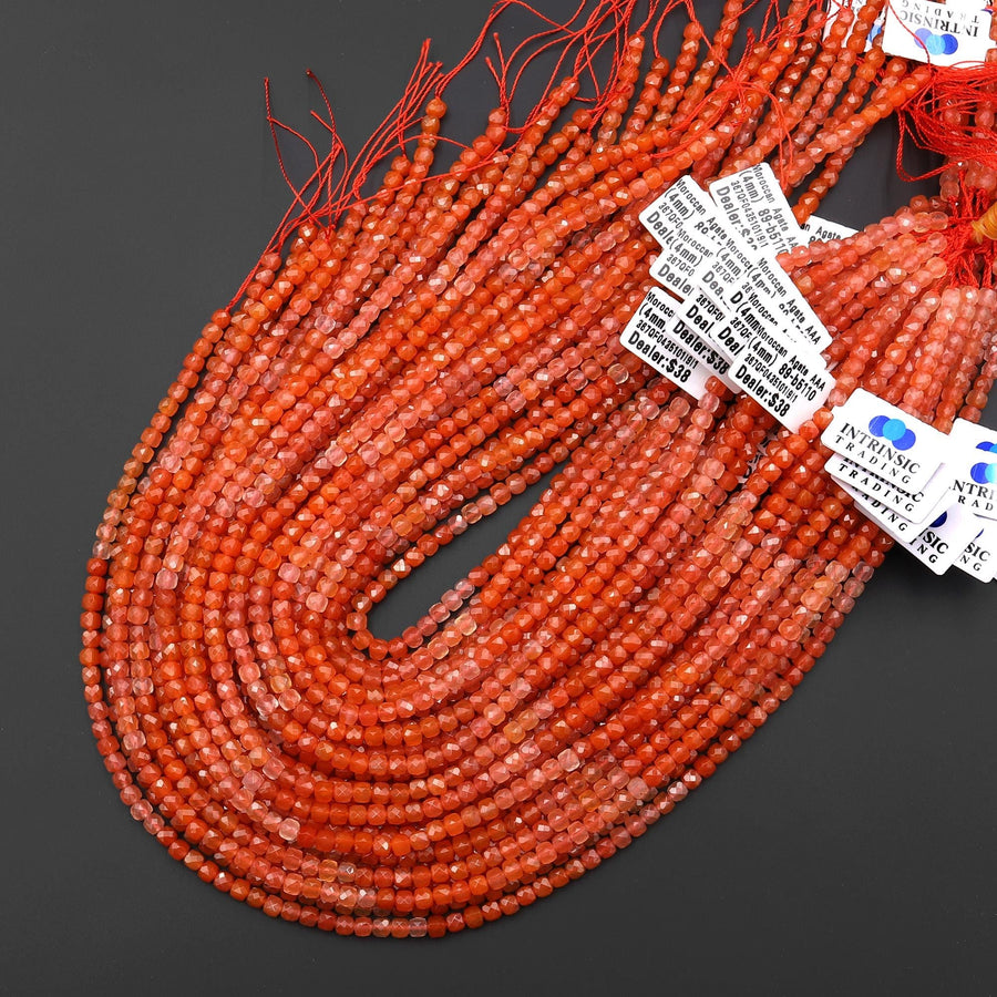 AAA Faceted Natural Fiery Orange Red Moroccan Agate 4mm Cube Beads Ombre Gemstone 15.5" Strand