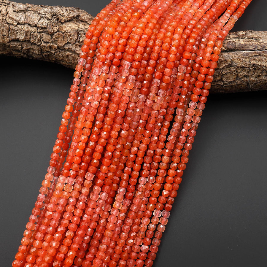 AAA Faceted Natural Fiery Orange Red Moroccan Agate 4mm Cube Beads Ombre Gemstone 15.5" Strand