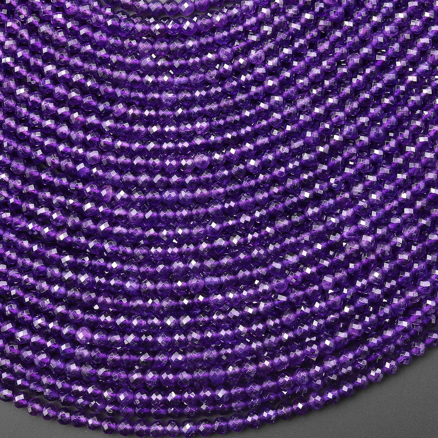 AAA Faceted Natural Deep Purple Amethyst 3mm Round Beads Gemstone 15.5" Strand