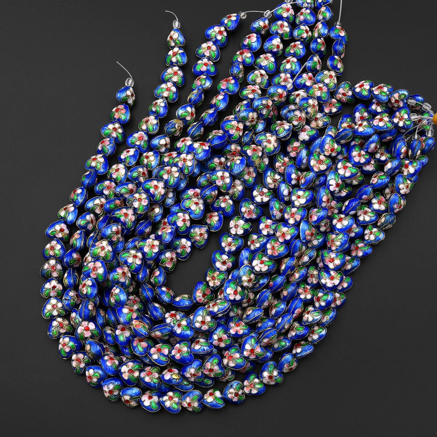 Hand Made Turquoise Blue Pink Green Cloisonné Heart Bead 12mm 16mm 22mm Decorative Floral 15.5" Strand