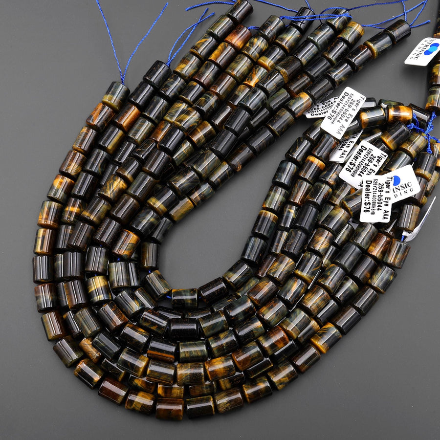 AAA Natural Golden Brown Blue Tiger's Eye Smooth Barrel Cylinder Tube 10x14mm Beads 15.5" Strand