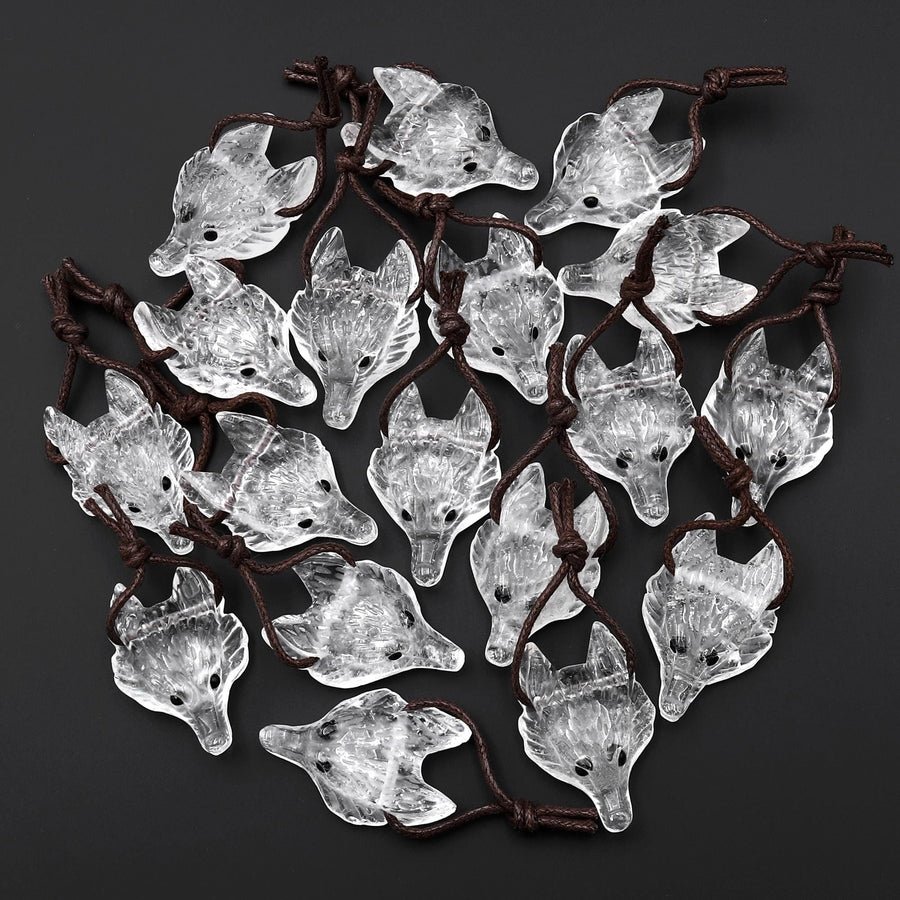 AAA Translucent Natural Rock Quartz Gemstone Wolf Head Side Drilled Crystal Pendant Bead