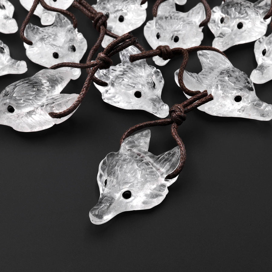 AAA Translucent Natural Rock Quartz Gemstone Wolf Head Side Drilled Crystal Pendant Bead