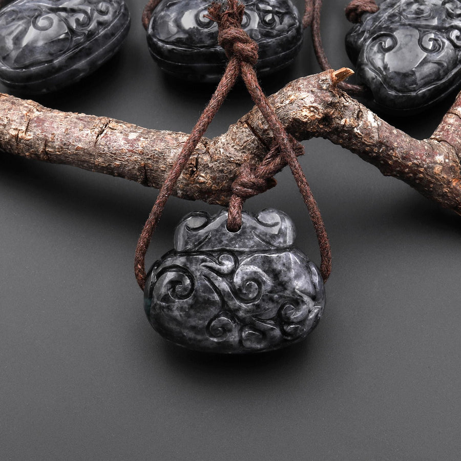 Hand Carved Natural Guatemalan Jade Auspicious Cloud Design Fortune Pouch Pendant