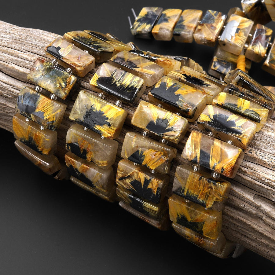 AAA Double Drilled Natural Titanium Golden Star Rutile Quartz 20mm Rectangle Title Bracelet Beads 8" Strand