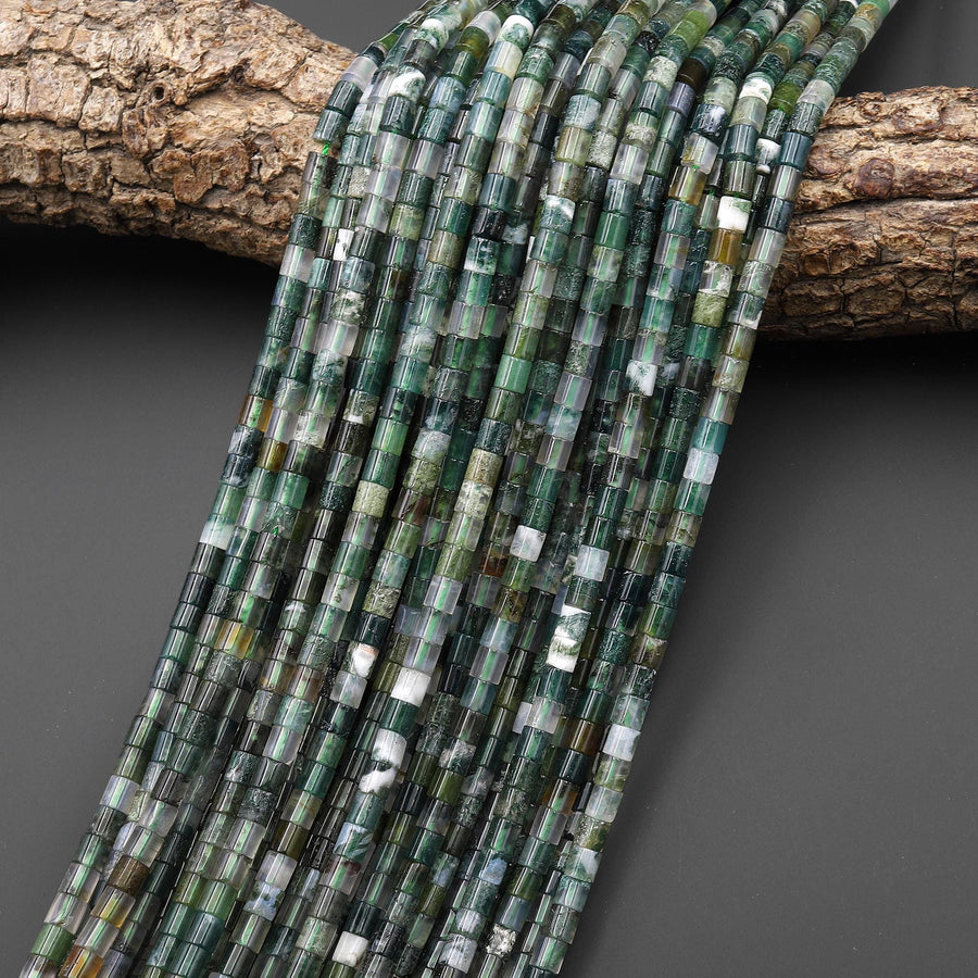 Natural Green Moss Agate 4x4mm Tube Cylinder Beads 15" Strand