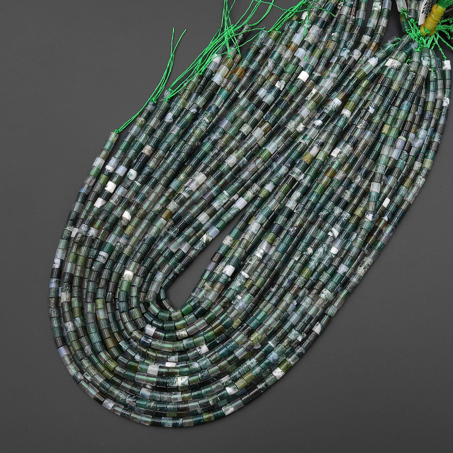Natural Green Moss Agate 4x4mm Tube Cylinder Beads 15" Strand