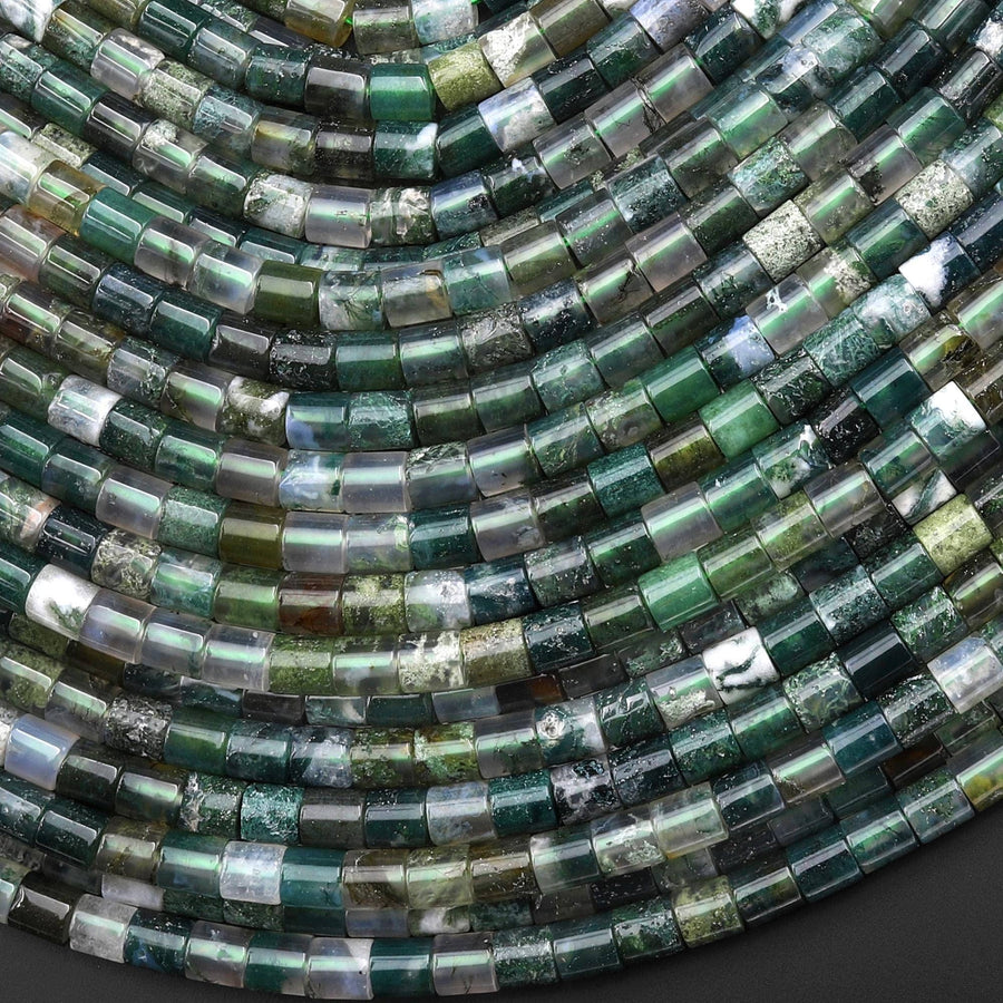 Natural Green Moss Agate 4x4mm Tube Cylinder Beads 15" Strand