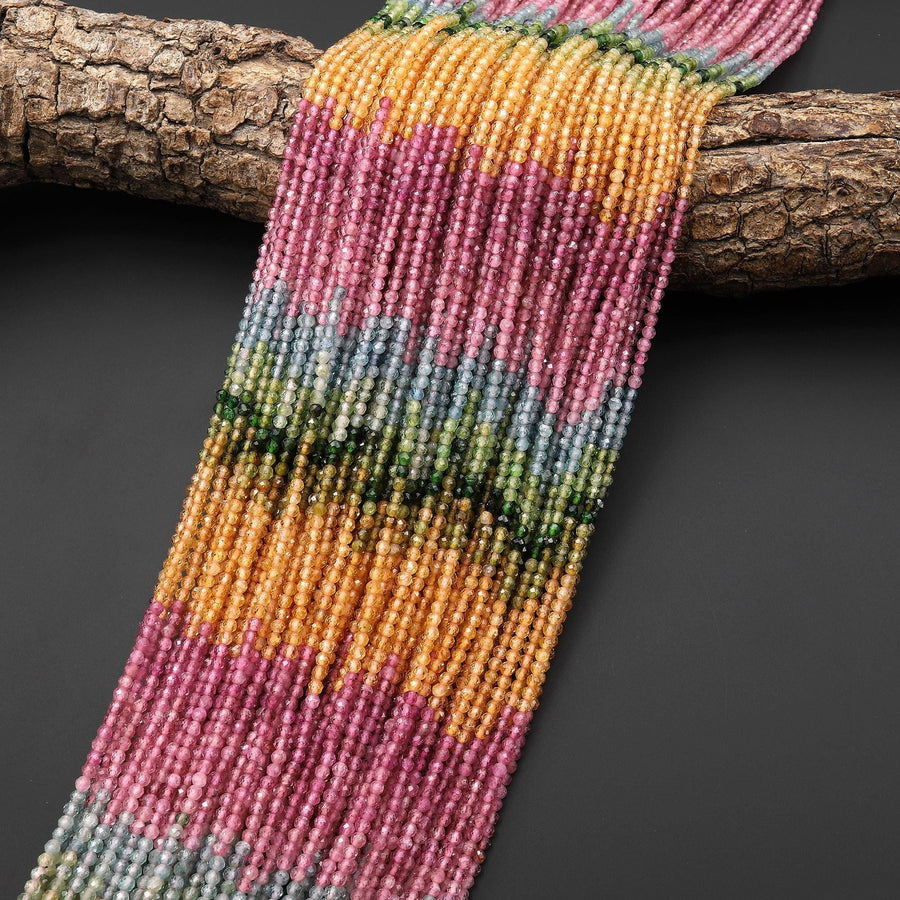 AAA Genuine Natural Pink Green Blue Golden Yellow Tourmaline 2.5mm Round Ombre Gemstone Beads 15.5" Strand