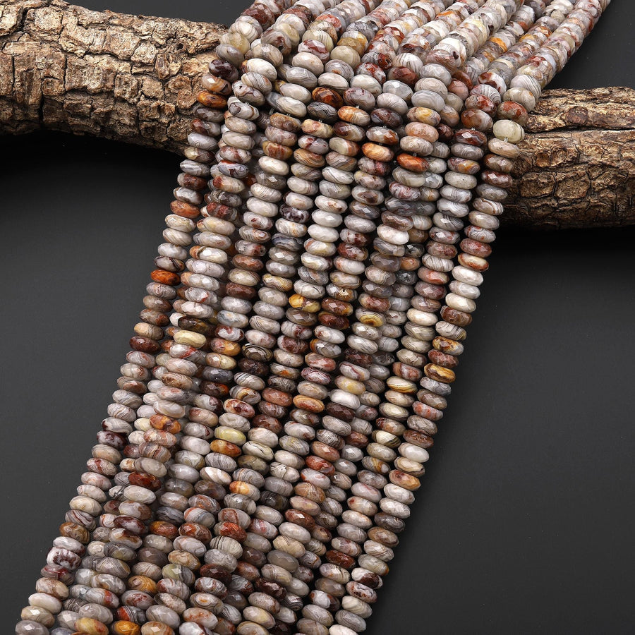 AAA Faceted Natural Laguna Lace Agate 8mm Thin Rondelle Beads 15" Strand