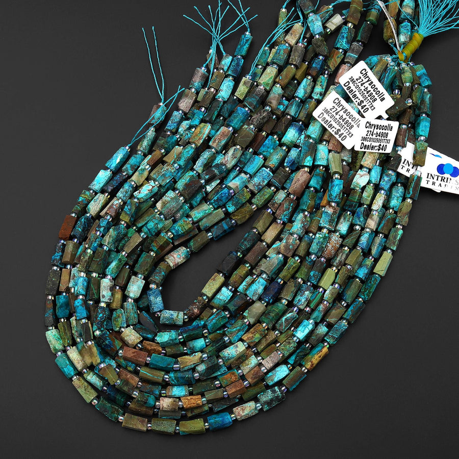 Natural Chrysocolla Azurite Hand Cut Faceted Tube Cylinder Beads 15.5" Strand b4908