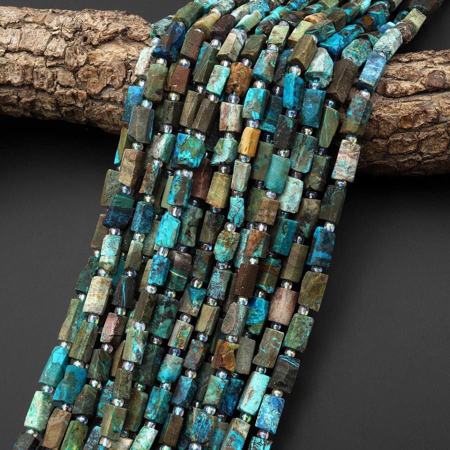 Natural Chrysocolla Azurite Hand Cut Faceted Tube Cylinder Beads 15.5" Strand b4908