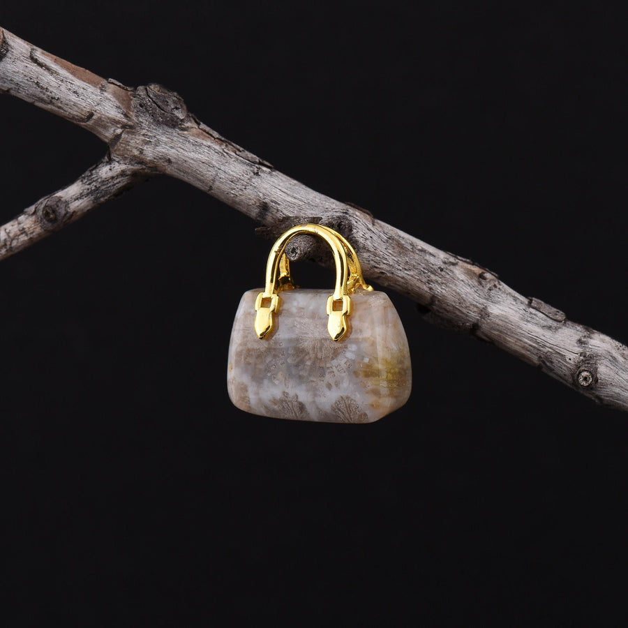Hand Carved Natural Indonesian Fossil Coral Focal Pendant Bead Purse Miniature Handbag Style OP0603