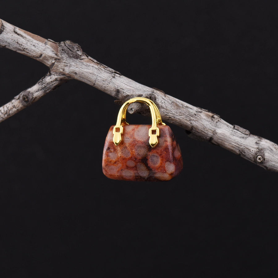 Hand Carved Natural Indonesian Fossil Coral Focal Pendant Bead Purse Miniature Handbag Style OP0604