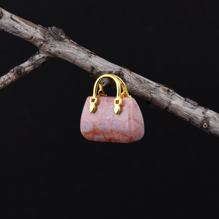 Hand Carved Natural Indonesian Fossil Coral Focal Pendant Bead Purse Miniature Handbag Style OP0605