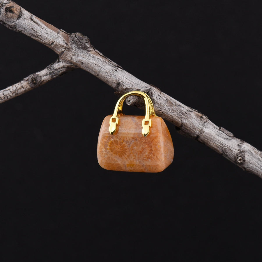Hand Carved Natural Indonesian Fossil Coral Focal Pendant Bead Purse Miniature Handbag Style OP0606