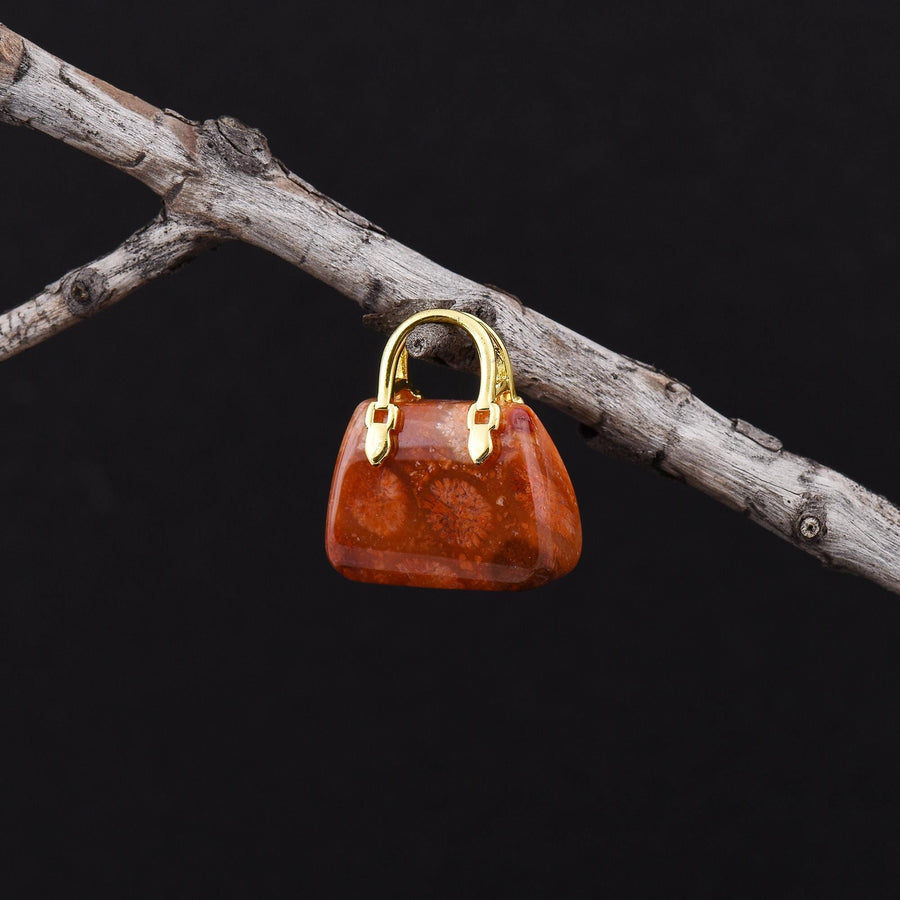 Hand Carved Natural Indonesian Fossil Coral Focal Pendant Bead Purse Miniature Handbag Style OP0609