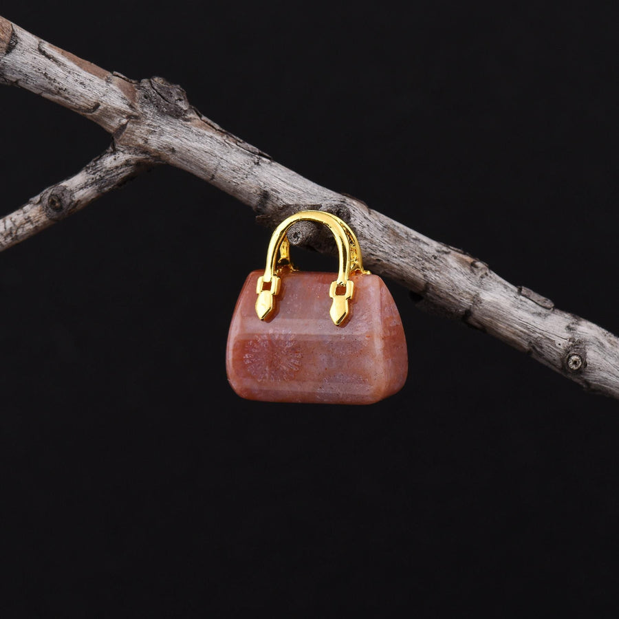 Hand Carved Natural Indonesian Fossil Coral Focal Pendant Bead Purse Miniature Handbag Style OP0613