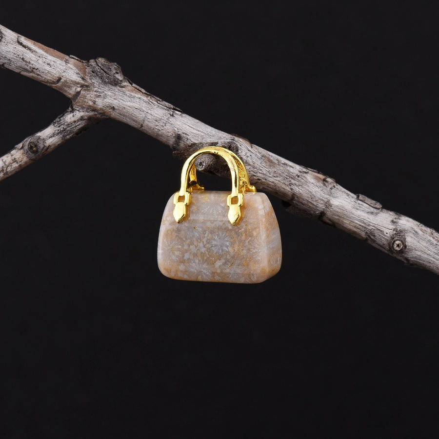 Hand Carved Natural Indonesian Fossil Coral Focal Pendant Bead Purse Miniature Handbag Style OP0616