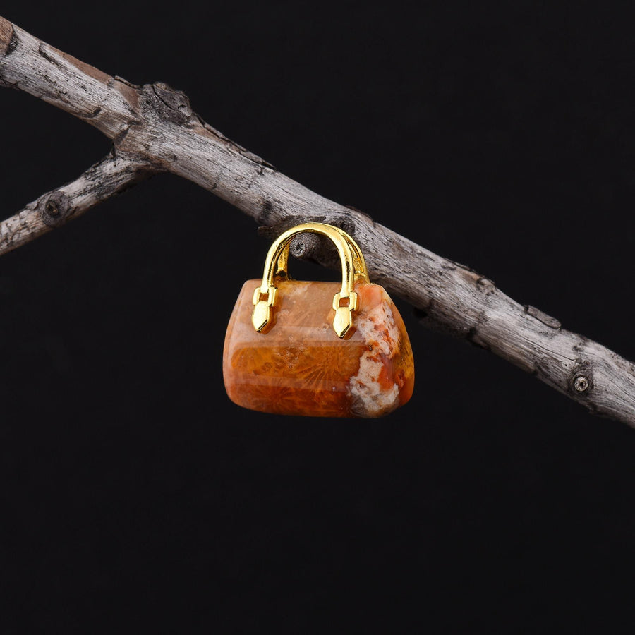 Hand Carved Natural Indonesian Fossil Coral Focal Pendant Bead Purse Miniature Handbag Style OP0619