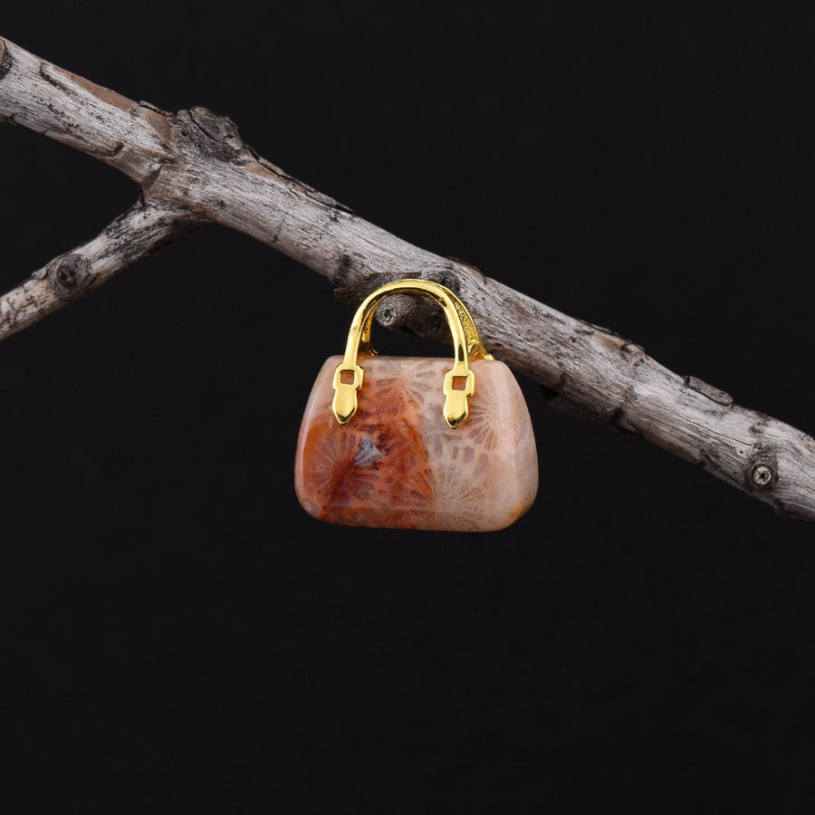 Hand Carved Natural Indonesian Fossil Coral Focal Pendant Bead Purse Miniature Handbag Style OP0625