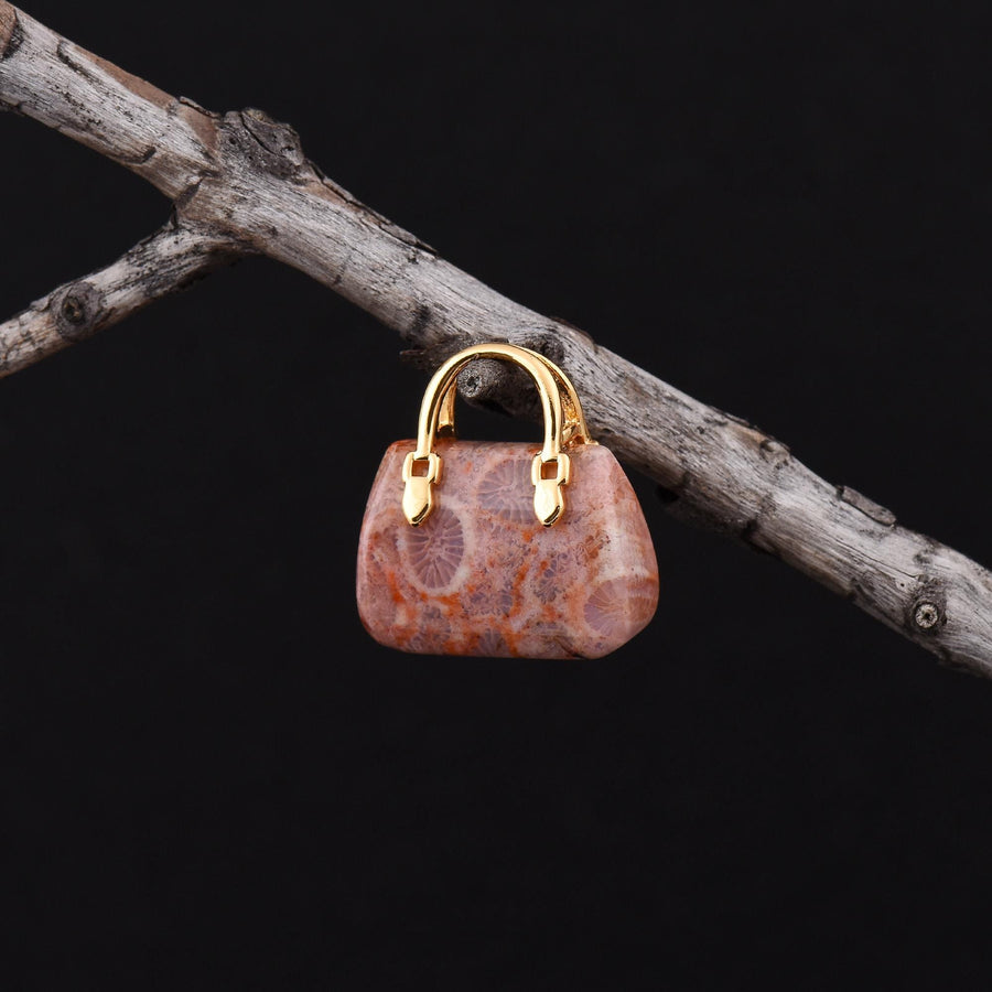 Hand Carved Natural Indonesian Fossil Coral Focal Pendant Bead Purse Miniature Handbag Style OP0629