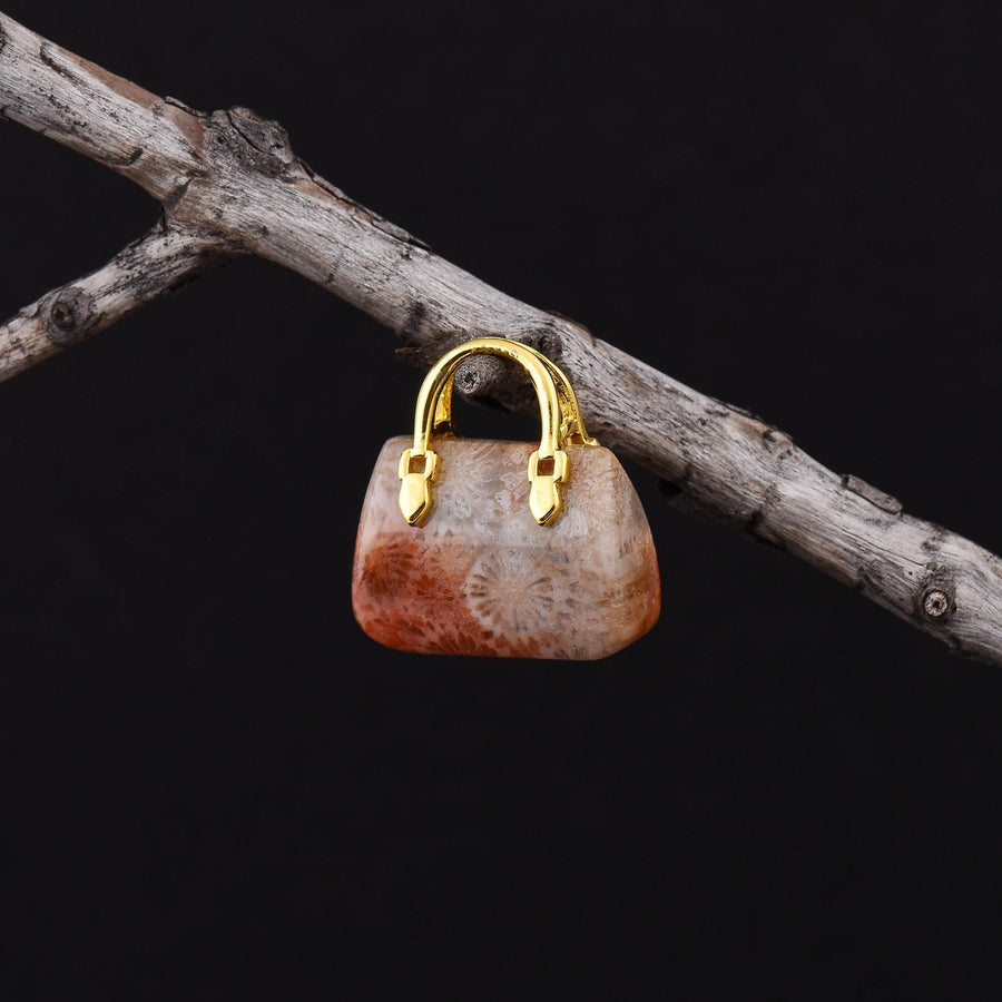 Hand Carved Natural Indonesian Fossil Coral Focal Pendant Bead Purse Miniature Handbag Style OP0631