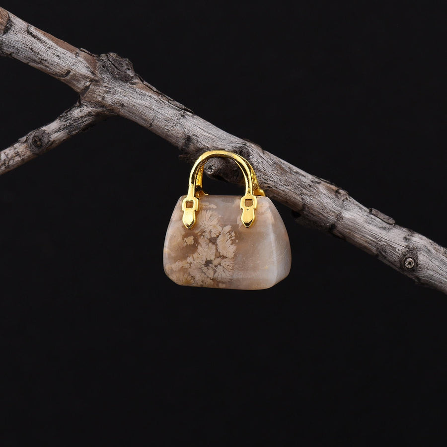 Hand Carved Natural Indonesian Fossil Coral Focal Pendant Bead Purse Miniature Handbag Style OP0635