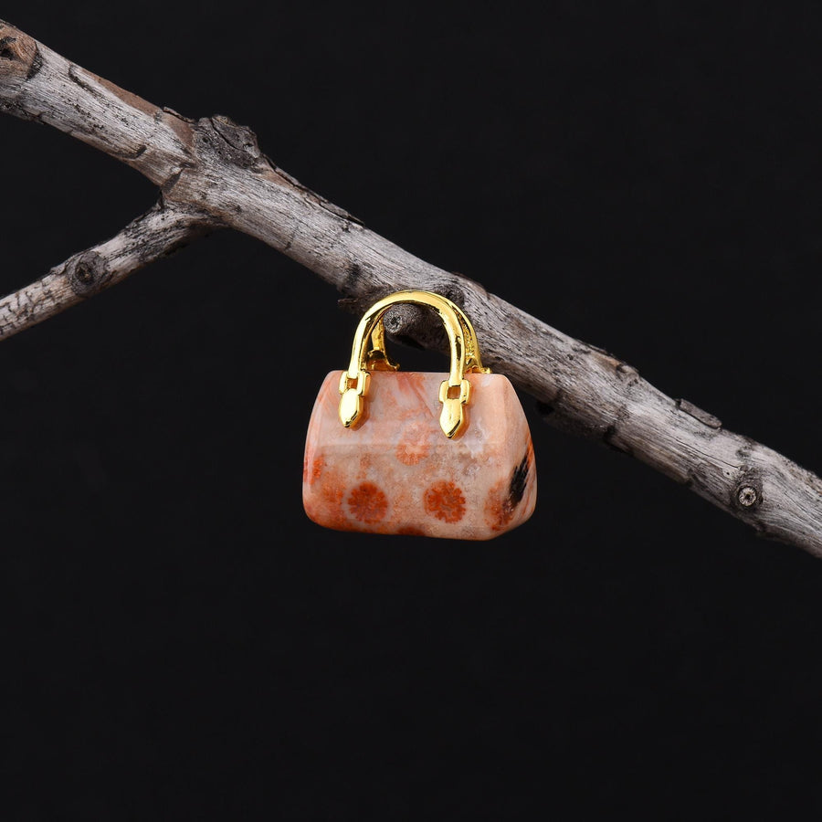 Hand Carved Natural Indonesian Fossil Coral Focal Pendant Bead Purse Miniature Handbag Style OP0638