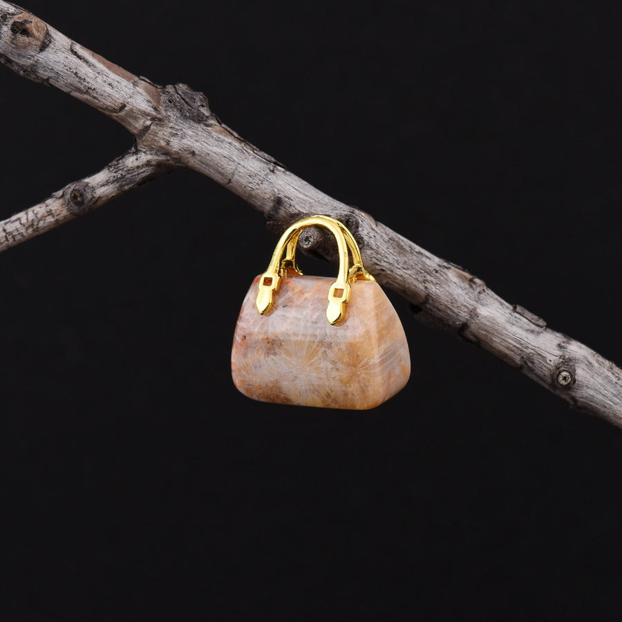 Hand Carved Natural Indonesian Fossil Coral Focal Pendant Bead Purse Miniature Handbag Style OP0639