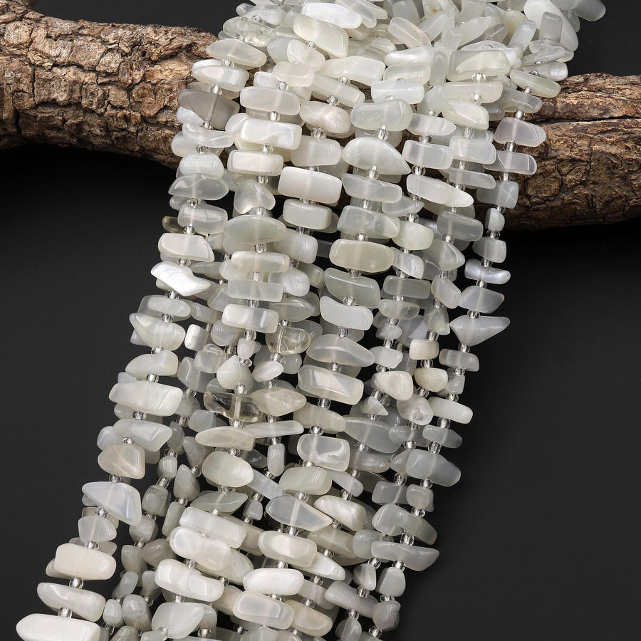 AAA Natural Creamy White Moonstone Beads Freeform Rectangle Spick Center Drilled Gemstone 15.5" Strand