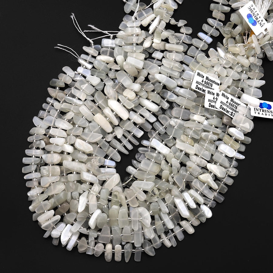 AAA Natural Creamy White Moonstone Beads Freeform Rectangle Spick Center Drilled Gemstone 15.5" Strand