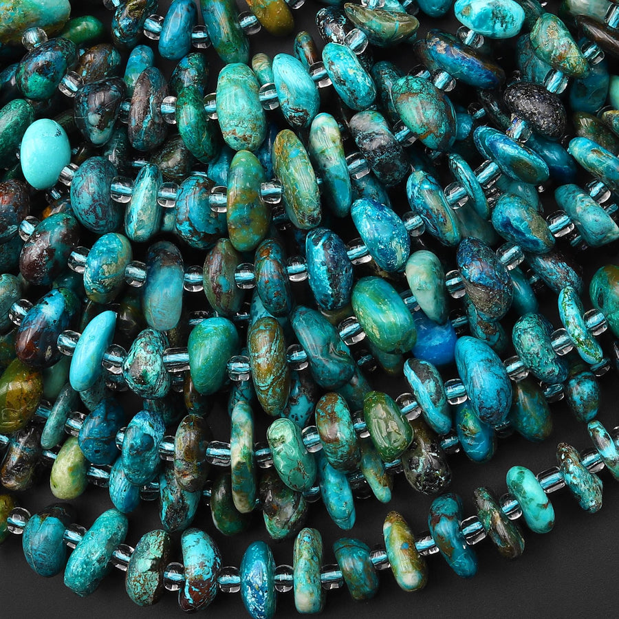 Natural Chrysocolla Azurite Freeform Rondelle Pebble Nugget Beads Gemstone From Arizona 15.5" Strand