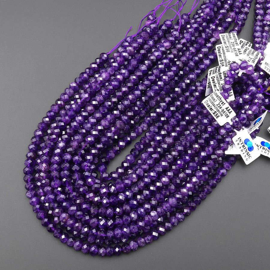 AAA Faceted Natural Amethyst 8x6mm Thick rondelle Beads 15.5" Strand