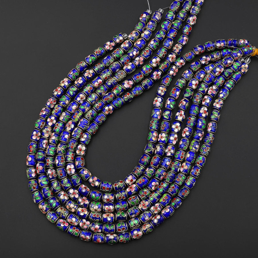 Cloisonné Cylinder Tube Beads Decorative Royal Blue Red Pink Green Floral Enamel 7x10mm 15.5" Strand