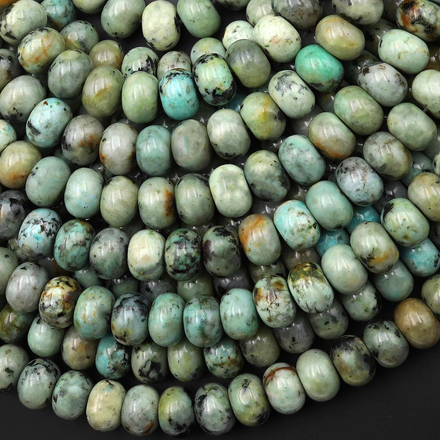 Natural African Turquoise 8mm Smooth Thick Rondelle Beads Soft Earthy Mint Green Gemstone 15.5" Strand