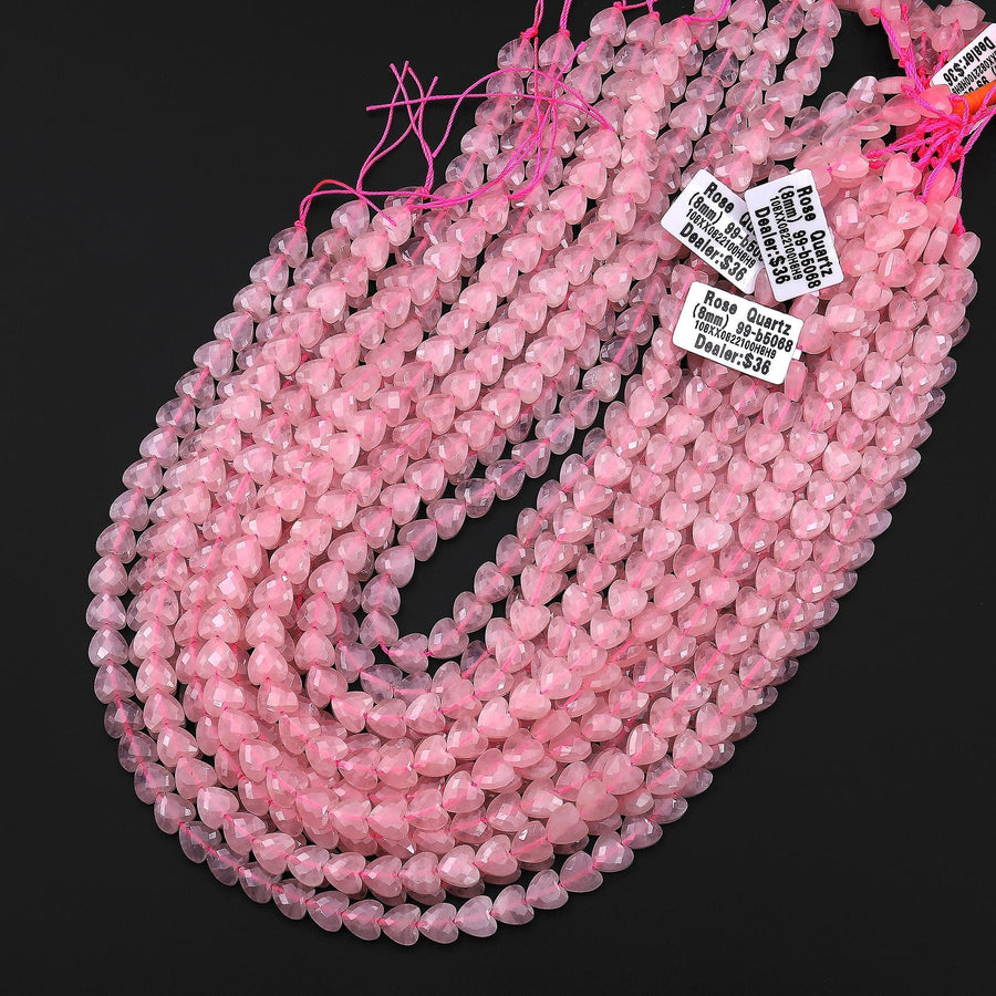 AAA Faceted Natural Pink Rose Quartz 8mm Beads Gemstone Heart 15.5" Strand