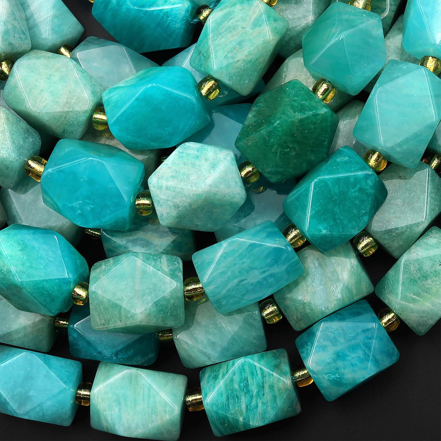 Large Faceted Natural Peruvian Amazonite Beads Rectangle Nuggets 15.5" Strand
