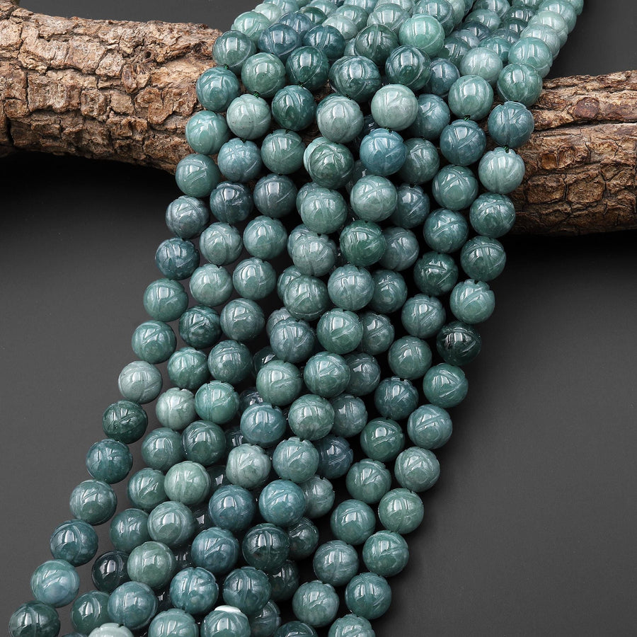 AAA Natural Guatemalan Jade Hand Carved Lotus Flower 10mm Round Beads 15.5" Strand