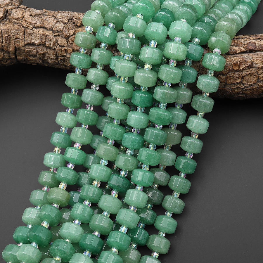AAA Faceted Natural Green Aventurine 12mm Octagon Rondelle Wheel Beads 15.5" Strand