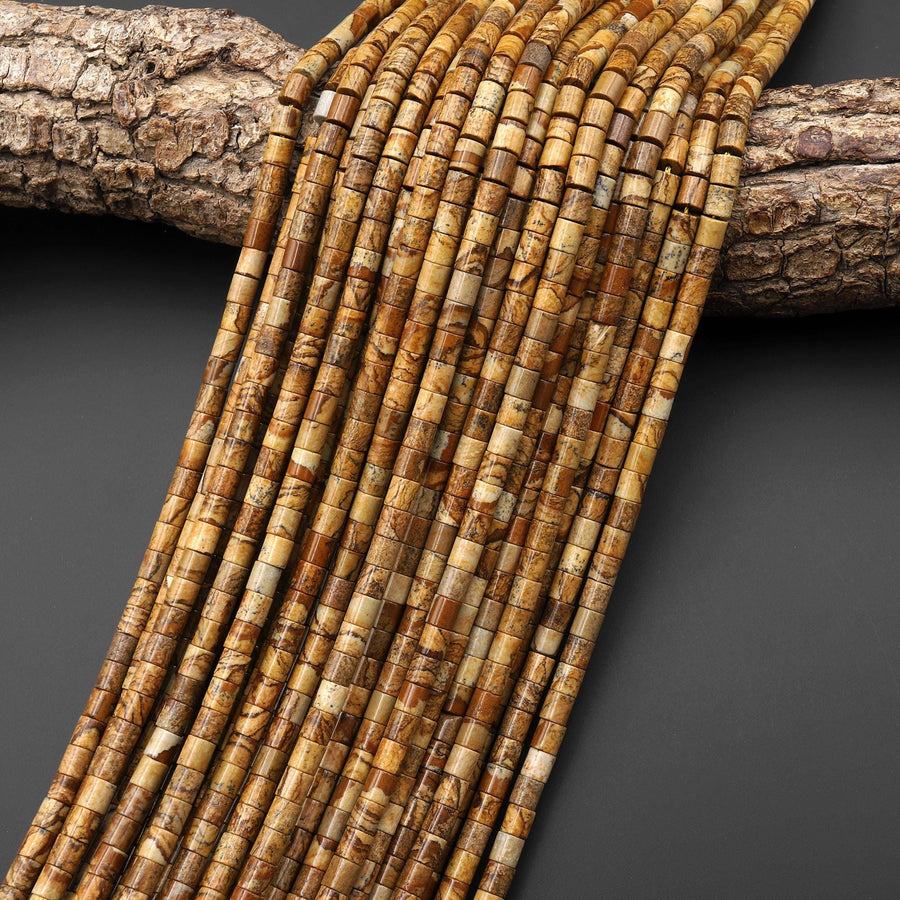 Natural Picture Jasper 4x4mm Tube Cylinder Beads 15" Strand