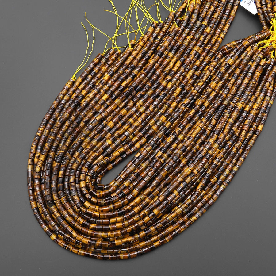 AAA Natural Tiger's Eye 4x4mm Tube Cylinder Beads 15" Strand
