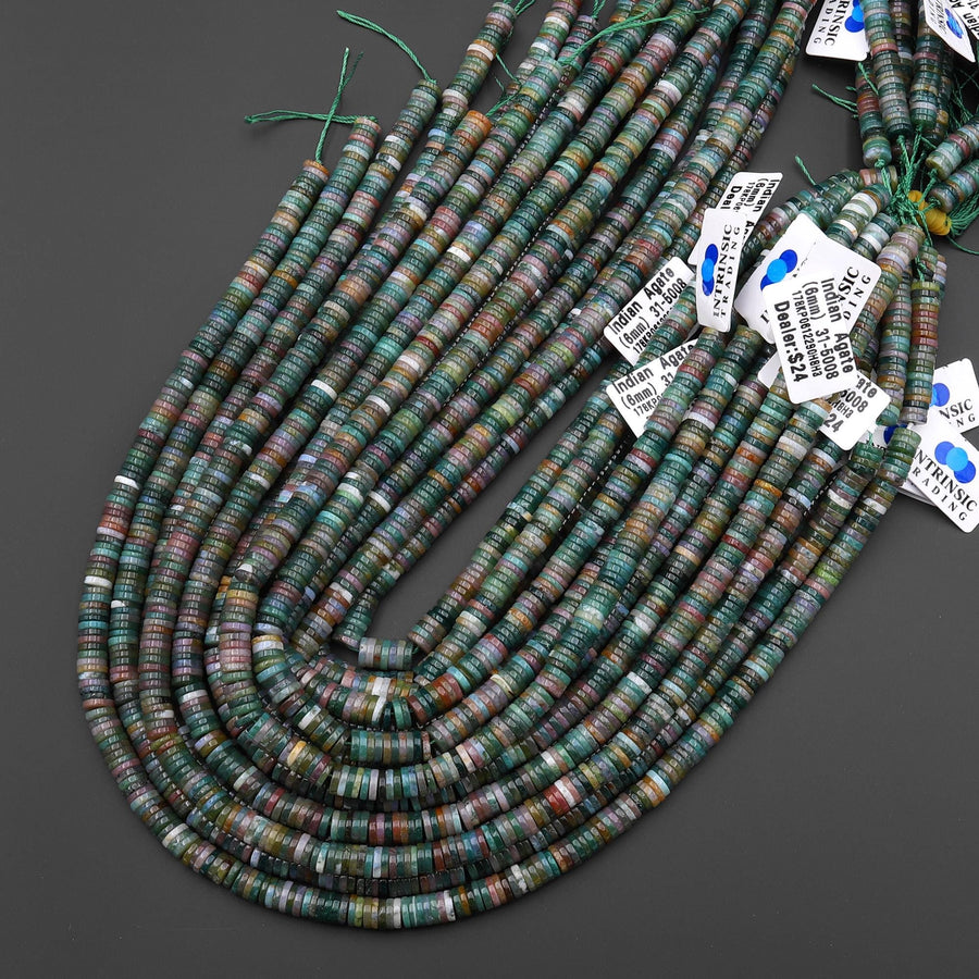 AAA Natural Teal Blue Green Mauve Pink Indian Agate 6mm Smooth Thin Heishi Rondelle Beads 15.5" Strand