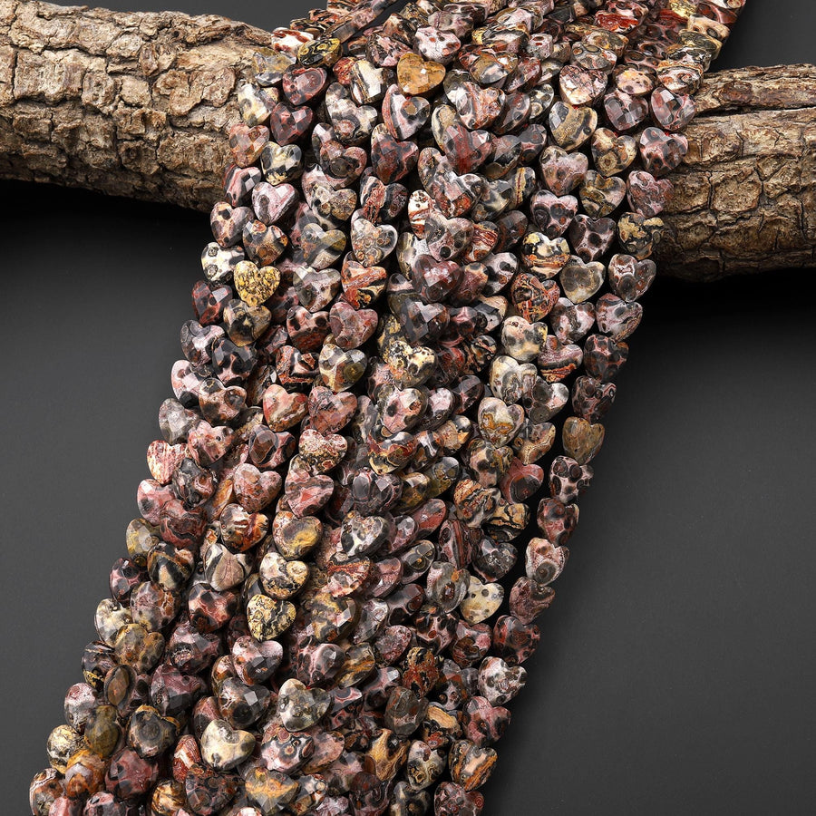 AAA Faceted Natural Leopard Skin Jasper 8mm Heart Beads Gemstone 15.5" Strand