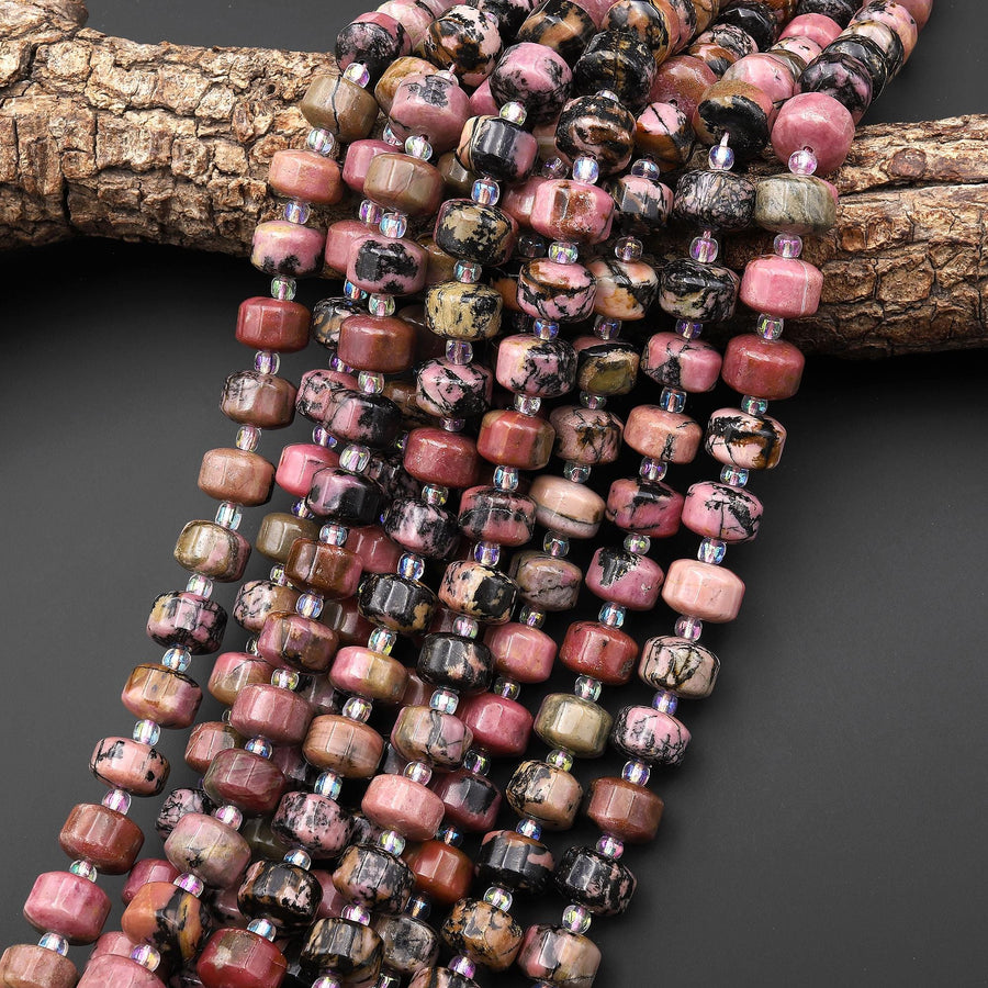 Faceted Natural Pink Rhodonite Octagon Rondelle Wheel 12x8mm Gemstone Beads 15.5" Strand