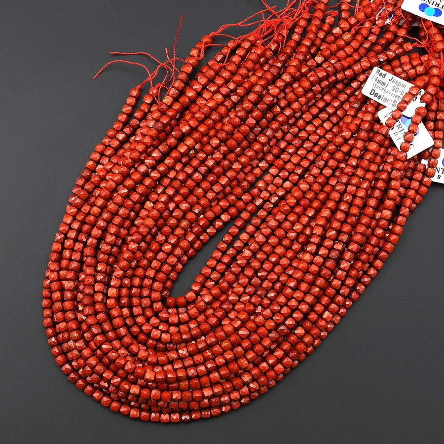 AAA Natural Red Jasper Faceted 4mm Gemstone Cube Beads 15.5" Strand